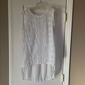 White embroidered Sleeveless Tunic with Lacy Design